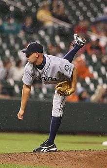 David Aardsma, in his follow-through after throwing a pitch for the Seattle Mariners