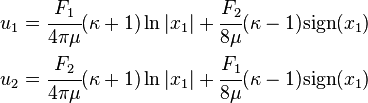 
  \begin{align}
     u_1 & = \cfrac{F_1}{4\pi\mu}(\kappa+1)\ln |x_1| + \cfrac{F_2}{8\mu}(\kappa-1)\text{sign}(x_1)  \\
     u_2 & = \cfrac{F_2}{4\pi\mu}(\kappa+1)\ln |x_1| +\cfrac{F_1}{8\mu}(\kappa-1)\text{sign}(x_1)
  \end{align}
 