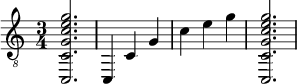  {
\clef "treble_8"
\time 3/4
<c, c g c' e' g'>2.
<c, >4
<c >4
<g  >4
<c' >4
<e' >4
<g' >4
<c, c g c' e' g'>2.
}
