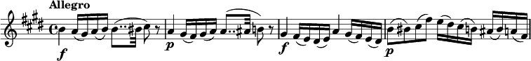 
\relative c'' {
\override Score.NonMusicalPaperColumn #'line-break-permission = ##f
  \key e \major
  \tempo "Allegro"
  b4\f a16(gis) a(b) b8..( bis32 cis8) r | a4\p gis16(fis) gis(a) a8..( ais32 b!8) r | gis4\f fis16(e) dis(e) a4 gis16(fis) e(dis) | b'8\p( bis) cis (fis) e16(dis) cis(b) ais(b) a(fis) |
}
