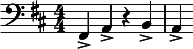  \relative c { \clef bass \key d \major \numericTimeSignature \time 4/4 fis,4-> a-> r b-> | a-> } 