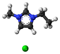 Ball-and-stick model of the component ions of 1-ethyl-3-methylimidazolium chloride