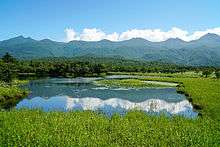 Mountains reflected in a lake.