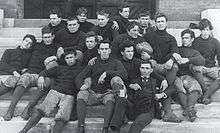 Black & white image illustrating the fall 1892 to spring 1893 Agricultural and Mechanical College of Alabama, now Auburn University, varsity football team. On the football is written: "93 Champions Ala & Ga.