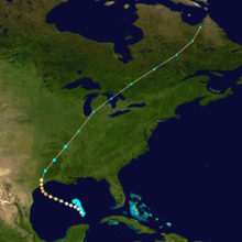 A Gulf of Mexico storm track starts about halfway west of the Florida panhandle, heads west, completes a clockwise loop, and heads northeast towards Texas.