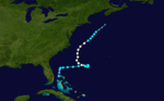 A storm track starts east of the Florida panhandle and moves eastward; after turning towards the north, the track terminates near Nova Scotia.