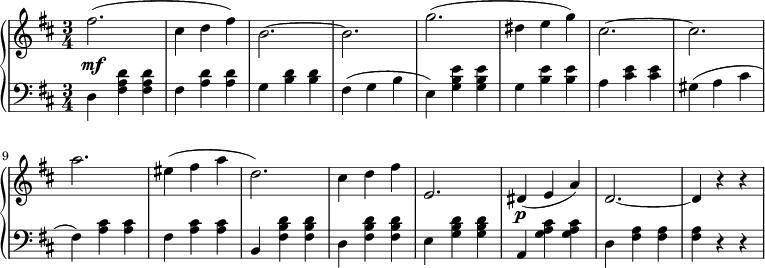 
 \relative c' {
  \new PianoStaff <<
   \new Staff { \key b \minor \time 3/4
    \tempo \markup {
     \column {
 }
   }
      fis'2.( cis4 d fis) b,2.~ b g'( dis4 e g) cis,2.~ cis a' eis4( fis a d,2.) cis4 d fis e,2. dis4\p( e a) d,2.~ d4 r r
   }
   \new Dynamics {
    s\mf
      }
   \new Staff { \key b \minor \time 3/4 \clef bass
      d, <fis a d> <fis a d> fis <a d> <a d> g <b d> <b d> fis( g b e,) <g b e> <g b e> g <b e> <b e> a <cis e> <cis e> gis( a cis fis,) <a cis> <a cis> fis <a cis> <a cis> b, <fis' b d> <fis b d> d <fis b d> <fis b d> e <g b d> <g b d> a, <g' a cis> <g a cis> d <fis a> <fis a> <fis a> r r
   }
  >>
 }
