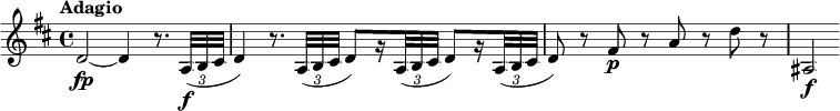 
\relative c' {
  \override Score.NonMusicalPaperColumn #'line-break-permission = ##f
  \key d \major
  \tempo "Adagio"
  \override TupletBracket #'direction = #-1
  \override TupletBracket #'stencil = ##f
  d2~\fp d4 r8. \times 2/3 { a32\f( b cis } |
  d4) r8. \times 2/3 { a32( b cis } d8)[ r16 \times 2/3 { a32( b cis] } d8)[ r16
    \times 2/3 { a32( b cis] } |
  d8) r fis\p r a r d r |
  ais,2\f
}
