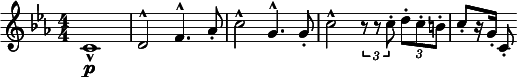 
  \relative c' { \clef treble \numericTimeSignature \time 4/4 \key c \minor c1-^\p | d2^^ f4.^^ aes8-. | c2^^ g4.^^ g8-. | c2^^ \times 2/3 { r8 r8 c-. } \times 2/3 { d-. c-. b-. } | c8-.[ r16 g-.] c,8-. }
