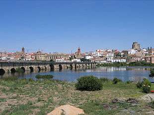 Photo of an arched stone bridge crossing a wide river with a city on the far bank