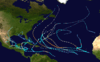 A map of the Atlantic Ocean depicting the tracks of 21 tropical cyclones.