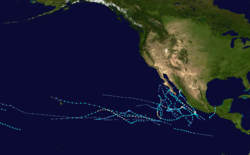 A map of the Pacific Ocean depicting the track of the 21 tropical cyclones that formed in 2013