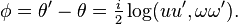 \phi = \theta ' - \theta = \tfrac{i}{2} \log (u u', \omega \omega ') .