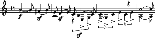  \relative c'' { \clef treble \time 4/4 g2~\f g8 fis4(\sf g8) | << { e8 d4(\sf e8) c b4(\sf c8) | g2. r4 | a'2~ a8 } \\ { r2 \times 2/3 { r4 e,-> g-> } | \times 2/3 { c-> g-> c-> } \times 2/3 { e-> c-> e-> } | a,2~ a8 } >> } 