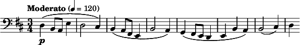  \relative c { \clef bass \time 3/4 \key d \major \tempo "Moderato" 4 = 120 d\p( b8 a e'4 | d2 cis4) | b( a8 fis e4 | b'2 a4) | g4( fis8 e d4 | e b' a) | b2( cis4) | d } 