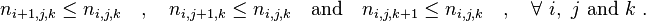 
n_{i+1,j,k} \leq n_{i,j,k}\quad,\quad
n_{i,j+1,k} \leq n_{i,j,k}\quad\text{and}\quad
n_{i,j,k+1} \leq n_{i,j,k}\quad,\quad \forall\ i,\ j \text{ and } k\ .
