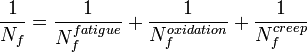  \frac {1} {N_f} = \frac {1} {N_f^{fatigue}} + \frac {1} {N_f^{oxidation}} + \frac {1} {N_f^{creep}}