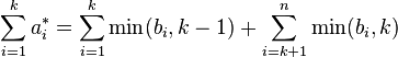 \sum_{i=1}^k a^*_i = \sum^k_{i=1} \min(b_i,k-1)+ \sum^n_{i=k+1} \min(b_i,k)