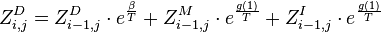 Z^{D}_{i,j} = Z^{D}_{i-1,j} \cdot e^{\frac{\beta}{T}} + Z^{M}_{i-1,j} \cdot e^{\frac{g(1)}{T}} + Z^{I}_{i-1,j} \cdot e^{\frac{g(1)}{T}}