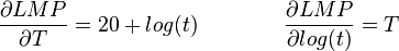 \frac{\partial LMP}{\partial T} = 20 + log(t) \qquad \qquad \frac{\partial LMP}{\partial log(t)} = T