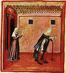 A Renaissance drawing with vivid colours depicting a woman holding the head of a man, who is bent over and expelling a brownish-red material from his mouth. A second woman stands at the left of the image in the doorway to the room, and appears to offer support. A crude representation of vomiting.