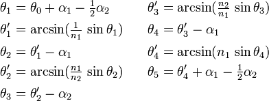 
   \begin{align}
      \theta_1 &= \theta_0 + \alpha_1 - \tfrac{1}{2} \alpha_2      &\theta'_3 &= \arcsin (\tfrac{n_2}{n_1} \, \sin \theta_3) \\
      \theta'_1 &= \arcsin (\tfrac{1}{n_1} \, \sin \theta_1) \quad &\theta_4 &= \theta'_3 - \alpha_1 \\
      \theta_2 &= \theta'_1 - \alpha_1                             &\theta'_4 &= \arcsin (n_1 \, \sin \theta_4) \\
      \theta'_2 &= \arcsin (\tfrac{n_1}{n_2} \, \sin \theta_2)     &\theta_5 &= \theta'_4 + \alpha_1 - \tfrac{1}{2} \alpha_2 \\
      \theta_3 &= \theta'_2 - \alpha_2
   \end{align}
