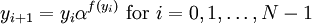 y_{i+1} = y_i\alpha^{f(y_i)}\mbox{ for }i=0,1,\ldots,N-1