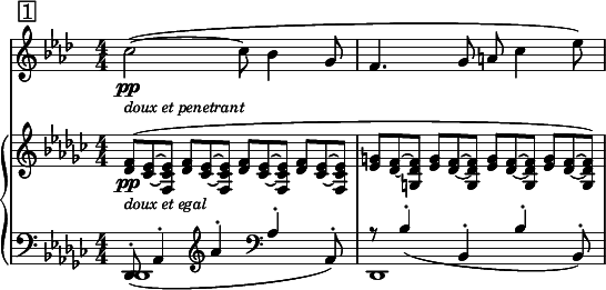 
<<
    \new Staff="clar" \relative c'' {
      \set Staff.midiInstrument = #"clarinet"
      \transposition bes
      \clef treble
      \numericTimeSignature
      \time 4/4
      \key aes \major

      \mark \markup { \box "1" }
      c2~\pp_\markup { \italic \small "doux et penetrant" }( c8 bes4 g8 | f4. g8 a c4 ees8)
    }
    
    \new PianoStaff {
      <<
        \new Staff="one" \relative c' {
          \clef treble
          \key ges \major 
          \numericTimeSignature
          \time 4/4
          
          \slurUp
          \override TupletNumber #'stencil = ##f
          \times 2/3 {<< f8(\pp_\markup { \italic \small "doux et egal" } des >> << ees8~ ces~ >> << ees8 ces f, >> }
          \repeat unfold 3 \times 2/3 {<< f'8 des >> << ees8~ ces~ >> << ees8 ces f, >> }
          \repeat unfold 3 \times 2/3 {<< g'8 ees >> << f8~ des~ >> << f8 des g, >> }
          \times 2/3 {<< g'8 ees >> << f8~ des~ >> << f8) des g, >> }
          \slurNeutral
        }
        
        \new Staff="two" \relative c, {
          \clef bass
          \key ges \major
          \numericTimeSignature
          \time 4/4
          
          <<
            { \slurDown
              des8-.( aes'4-. \clef treble aes''4-. \clef bass aes,-. aes,8-.) |
              r8 bes'4-.( bes,-. bes'-. bes,8-.) 
              \slurNeutral } \\
            { des,1 | des1 }
          >>
        }
      >>
    }
  >>
