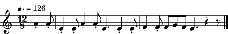 
\relative c'' {
\tempo 4.=126
\key a \minor
\time 12/8
  \partial 4.
  a4-. a8-. |
  e4-. e8-. a4-. a8-. e4. |
  e4-. e8-. f4-. f8-. f g f e4. r4 r8
  \bar "|."
}
