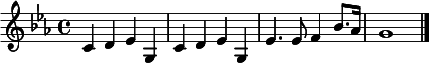 
  \relative c' {
  \key c \minor
  \time 4/4
    c d es g,        &nbsp;% parentheses create slurs
    c d es g,    
    es'4. es8 f4 bes8. as16
    g1
    \bar "|."
  }
