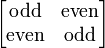 \begin{bmatrix}\mathrm{odd} & \mathrm{even} \\ \mathrm{even}& \mathrm{odd} \end{bmatrix}