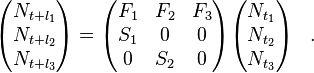 
\begin{align}
\begin{pmatrix}
N_{t+l_1} \\
N_{t+l_2} \\
N_{t+l_3}
\end{pmatrix} &=
\begin{pmatrix}
F_1 & F_2 & F_3 \\
S_1 & 0 & 0 \\
0 & S_2 & 0
\end{pmatrix}
\begin{pmatrix}
N_{t_1}\\
N_{t_2}\\
N_{t_3}
\end{pmatrix}
\end{align} .
