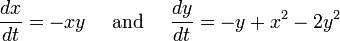  \frac{dx}{dt} = -xy \quad\text{ and }\quad  \frac{dy}{dt} = -y+x^2-2y^2  