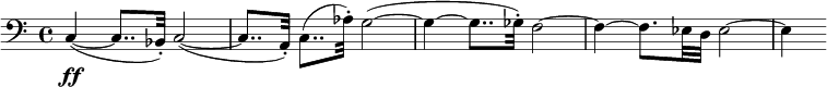 
\version "2.14.2"
\relative c {
\clef bass
\time 4/4
\set Score.tempoHideNote = ##t
\tempo 8 = 100
c4\ff( ~ c8.. bes32-.) c2( ~ 
c8.. a32-.) c8..( aes'32-.) g2( ~
g4 ~ g8.. ges32-.) f2 ~
f4 ~ f8. ees32 d ees2 ~
ees4 
}
