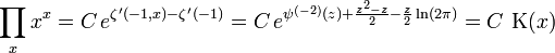 \prod _x x^x= C\, e^{\zeta^\prime(-1,x)-\zeta^\prime(-1)}= C\,e^{\psi^{(-2)}(z)+\frac{z^2-z}{2}-\frac z2 \ln (2\pi)}= C\, \operatorname{K}(x)  \,