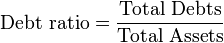 \mbox{Debt ratio} = \frac {\mbox{Total Debts}} {\mbox{Total Assets}}