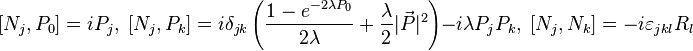 [N_j , P_0] = i P_j, \;[N_j , P_k] = i \delta_{jk} \left(  \frac{1 - e^{- 2 \lambda P_0}}{2 \lambda}  + \frac{ \lambda }{2}  |\vec{P}|^2 \right) - i \lambda P_j P_k, \; [N_j,N_k] = -i \varepsilon_{jkl} R_l\,