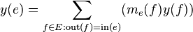 y(e) =  \sum_{f \in E:\mathrm{out}(f)=\mathrm{in}(e)} (m_e(f)y(f))