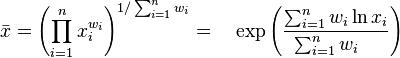  \bar{x} = \left(\prod_{i=1}^n x_i^{w_i}\right)^{1 / \sum_{i=1}^n w_i} = \quad \exp \left( \frac{\sum_{i=1}^n w_i \ln x_i}{\sum_{i=1}^n w_i \quad} \right) 