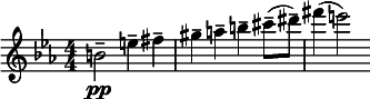 
  \relative c'' { \clef treble \numericTimeSignature \time 4/4 \key c \minor b2--\pp e4-- fis-- | gis-- a-- b-- cis8--( dis--) | fis4( e2) }
