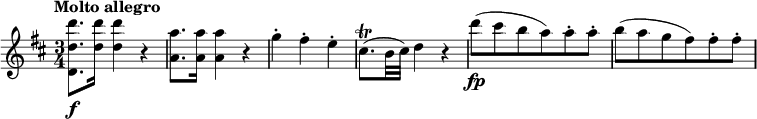 
\relative c''' {
  \override Score.NonMusicalPaperColumn #'line-break-permission = ##f
  \tempo "Molto allegro"
  \key d \major
  \time 3/4
  <d d, d,>8.\f <d d,>16 q4 r |
  <a a,>8. q16 q4 r |
  g4-. fis-. e-. |
  cis8.\trill( b32 cis) d4 r |
  d'8\fp( cis b a) a-. a-. |
  b8( a g fis) fis-. fis-. |
}
