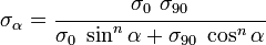 
  \sigma_\alpha = \cfrac{\sigma_0~\sigma_{90}}{\sigma_0~\sin^n\alpha + \sigma_{90}~\cos^n\alpha}
