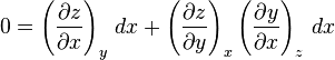 0 = \left(\frac{\partial z}{\partial x}\right)_y \, dx + \left(\frac{\partial z}{\partial y}\right)_x \left(\frac{\partial y}{\partial x}\right)_z \, dx