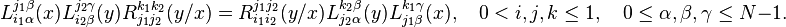  L_{i_1\alpha}^{j_1\beta}(x)L_{i_2\beta}^{j_2\gamma} (y)R_{j_1j_2}^{k_1k_2}(y/x)= R_{i_1i_2}^{j_1j_2} (y/x)L_{j_2\alpha}^{k_2\beta} (y)L_{j_1\beta}^{k_1\gamma}(x),\quad 0<i,j,k\le1,\quad 0\le \alpha, \beta,\gamma\le N-1.