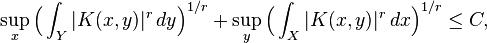 \sup_x\Big(\int_Y|K(x,y)|^r\,dy\Big)^{1/r} + \sup_y\Big(\int_X|K(x,y)|^r\,dx\Big)^{1/r}\le C,