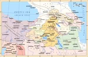 Map of the southern Caucasus and the area of eastern Turkey and northern Iraq and Syria. Greater Armenia in the center with minor Caucasian principalities to its northeast, the Byzantines to the west and the Abbasid caliphate to the south and east.