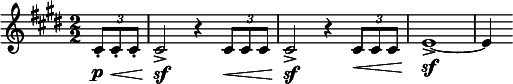  \relative c' { \clef treble \key cis \minor \numericTimeSignature \time 2/2 \partial 4*1 \times 2/3 { cis8\p-.\< cis-. cis-. } | cis2\!\sf-> r4 \times 2/3 { cis8\< cis cis } | cis2\!\sf-> r4 \times 2/3 { cis8\< cis cis } | e1\!\sf->~ | e4 } 