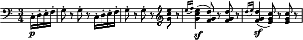  \relative c { \clef bass \key c \major \time 3/4 \partial 4*1 c16-.\p d-. e-. f-. | g8-. r g-. r c,16-. d-. e-. f-. | g8-. r g-. r \clef treble <e'' c g> r | \grace { e16[( f]) } <e c g>4(\sf <d g, f>8) r <d g, f> r | \grace { d16([ e)] } <d g, f>4(\sf <c g e>8) r <c g e> r } 