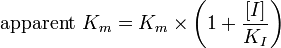 
\begin{align}
\mbox{apparent } K_m=K_m\times \left(1+\frac{[I]}{K_I}\right)
\end{align}
