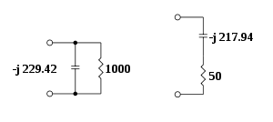 Schematic diagrams of two matching networks with the same impedance